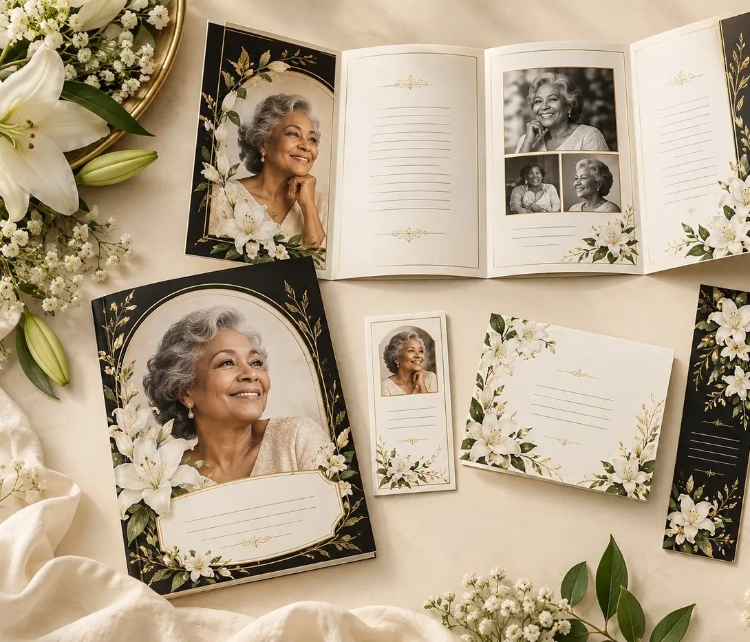 Coordinated memorial program, prayer card, bookmark and thank-you card designs