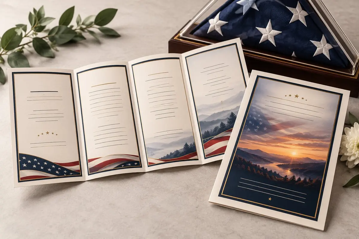 Illustrative military tribute memorial program and folded flag design sample