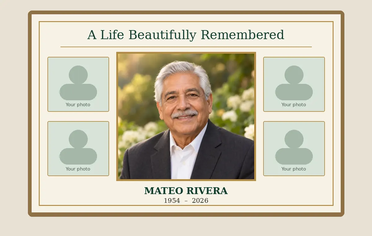 Illustrative memorial collage design with a main portrait and family photograph placements